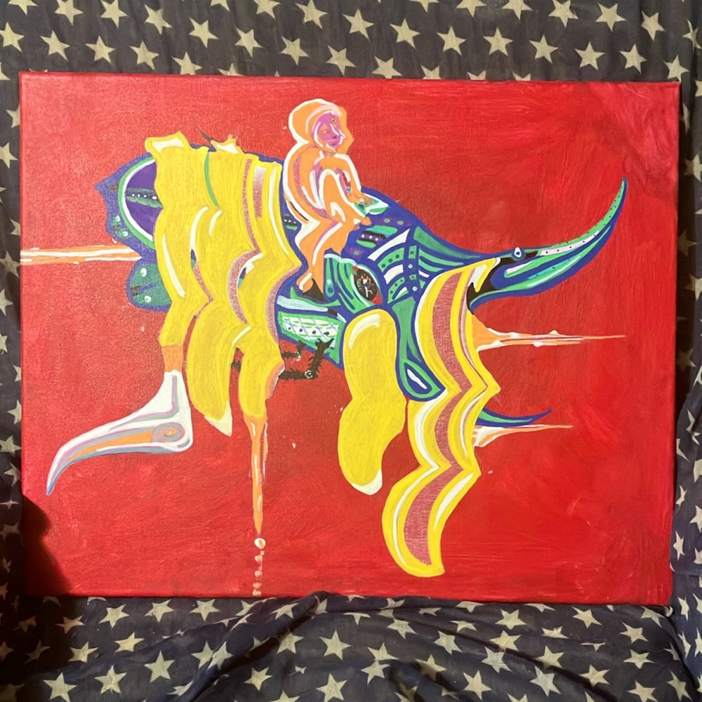 ORIGINAL Abstract Acrylic Painting signed by Artist. 16x20in “Baby On A Beetle”